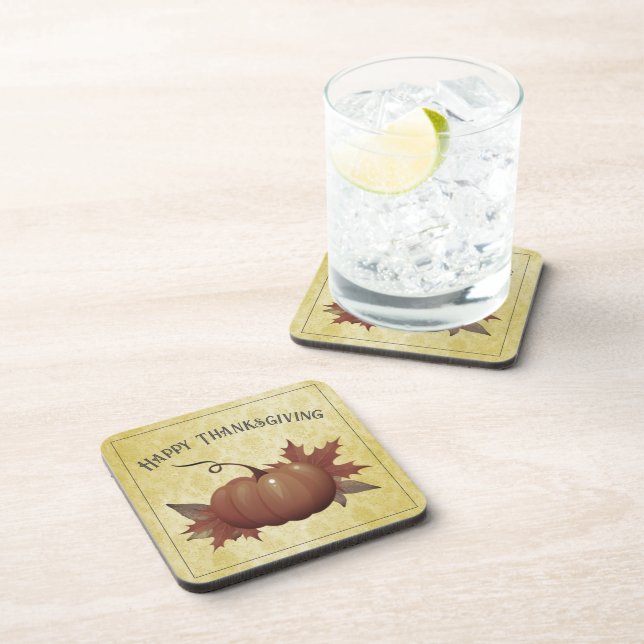 Thanksgiving Pumpkin Damask | Yellow Beverage Coaster (Right Side)