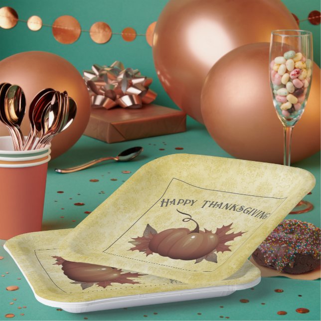 Thanksgiving Pumpkin Damask | Yellow Paper Plates (Multi)