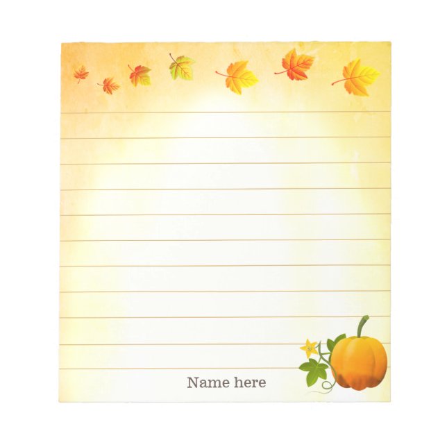 Thanksgiving Pumpkin & Fall Leaves Lined Notepad (Front)