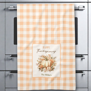 Thanksgiving Pumpkin Gingham Pastel Orange Name Kitchen Towel