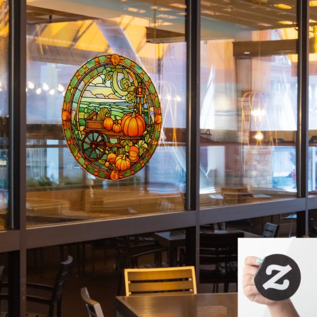 Thanksgiving Pumpkin Harvest Faux Stained Glass Window Cling (Restaurant Window)