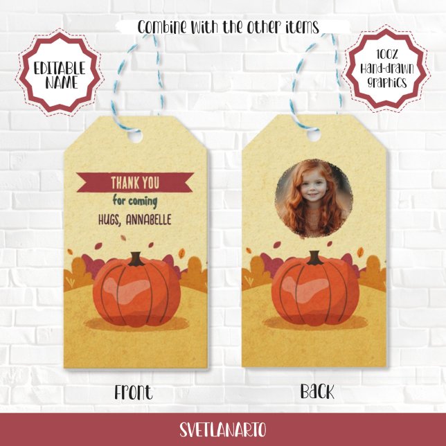 Thanksgiving Pumpkin Kid's Photo Autumn Gift Tag (Creator Uploaded)