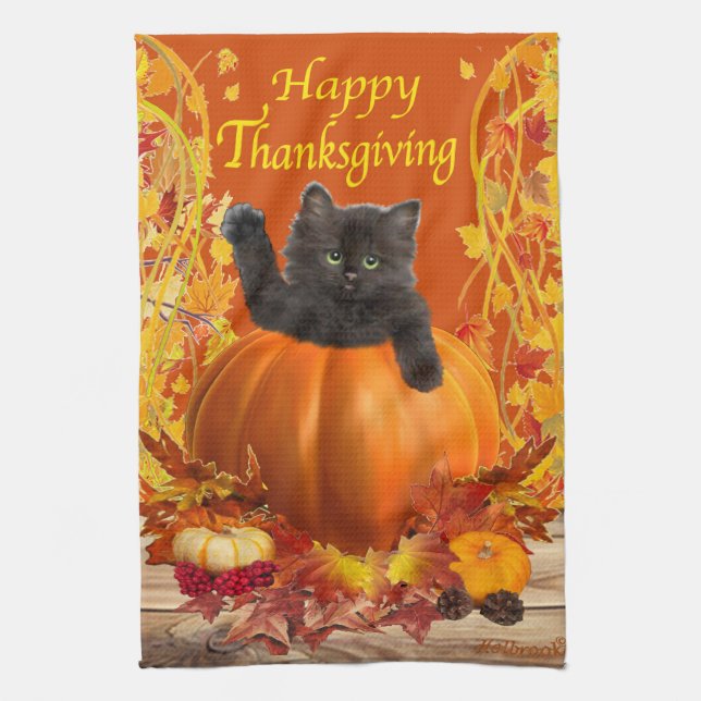 Thanksgiving Pumpkin Kitty Kitchen Towel (Vertical)