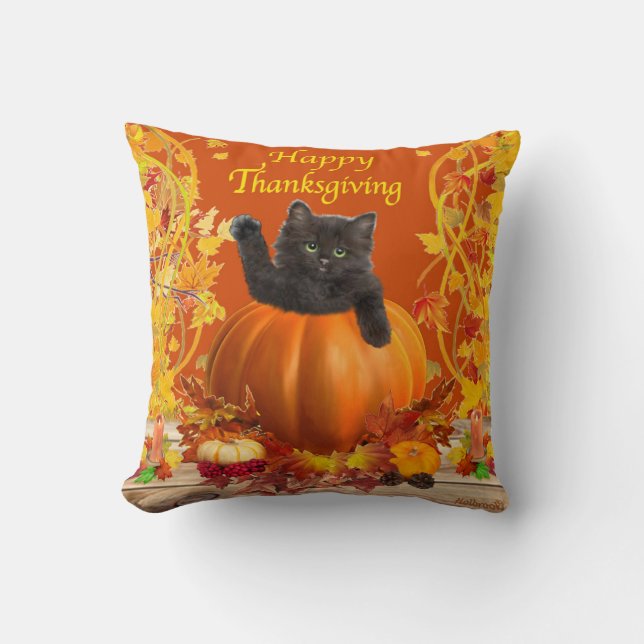 Thanksgiving Pumpkin Kitty Throw Pillow (Front)