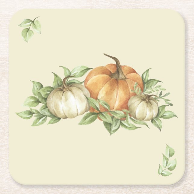 Thanksgiving Pumpkin Leaves  Square Paper Coaster (Front)