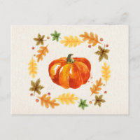 Thanksgiving Pumpkin Leaves Watercolors Holiday Postcard
