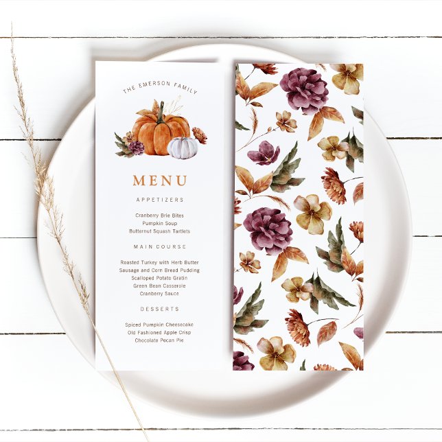 Thanksgiving Pumpkin Menu (Rustic fall harvest Thanksgiving Pumpkin Menu, watercolor autumn florals by Painted Paperie
)