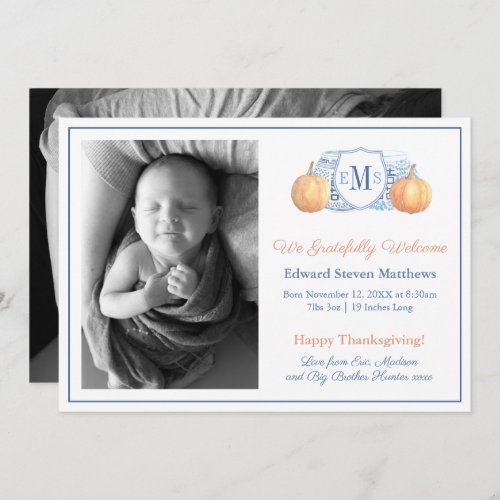 Thanksgiving Pumpkin Monogram Grateful Baby Birth  Announcement