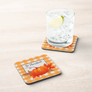 Thanksgiving Pumpkin Orange Buffalo Plaid Beverage Coaster