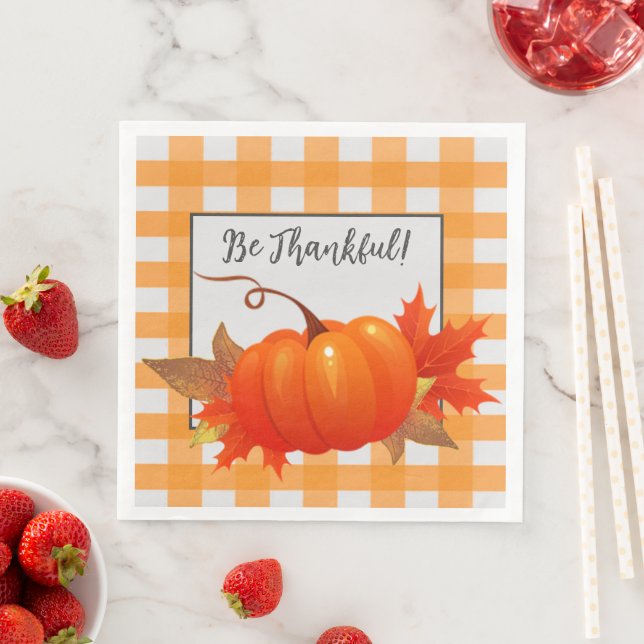 Thanksgiving Pumpkin Orange Buffalo Plaid Paper Dinner Napkins (Insitu)