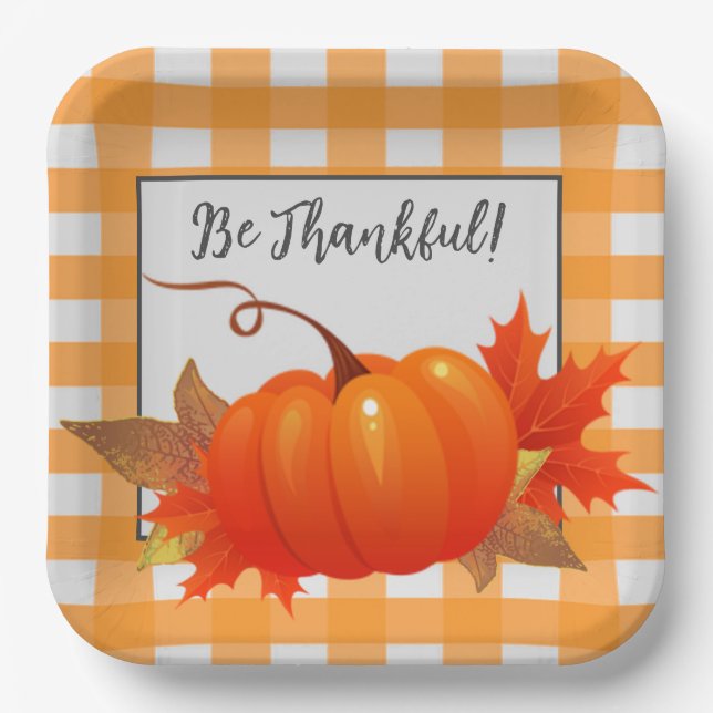 Thanksgiving Pumpkin Orange Buffalo Plaid Paper Plates (Front)