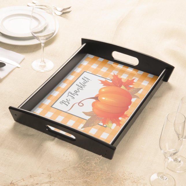 Thanksgiving Pumpkin Orange Buffalo Plaid Serving Tray (Front)