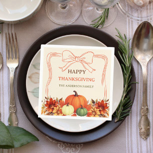 Thanksgiving pumpkin orange florals bow hand-drawn napkins