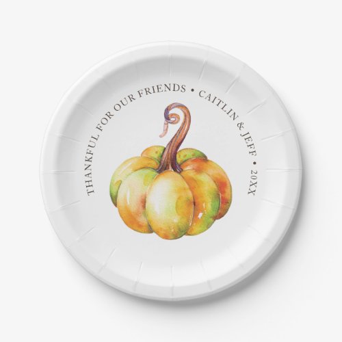 Thanksgiving pumpkin personalized watercolor paper plates