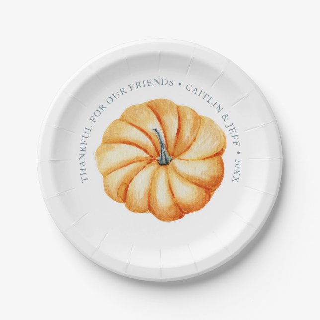 Thanksgiving pumpkin personalized watercolor paper plates (Front)