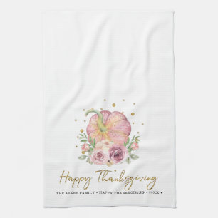 Thanksgiving Pumpkin Pink Family Name Kitchen Towel