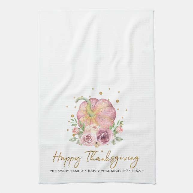Thanksgiving Pumpkin Pink Family Name Kitchen Towel (Vertical)