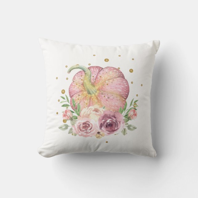 Thanksgiving Pumpkin Pink Floral Throw Pillow (Front)