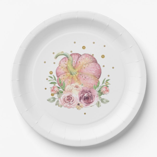 Thanksgiving Pumpkin Pink Gold Paper Plates (Front)