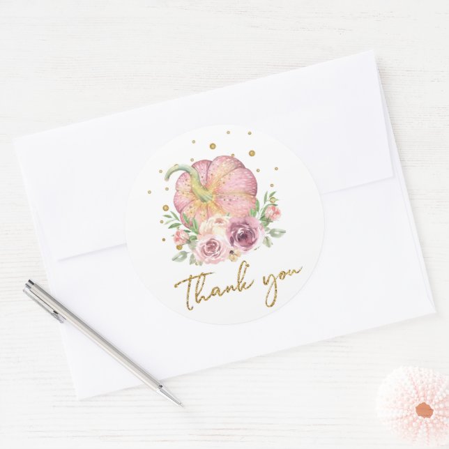 Thanksgiving Pumpkin Pink Thank you Classic Round Sticker (Envelope)