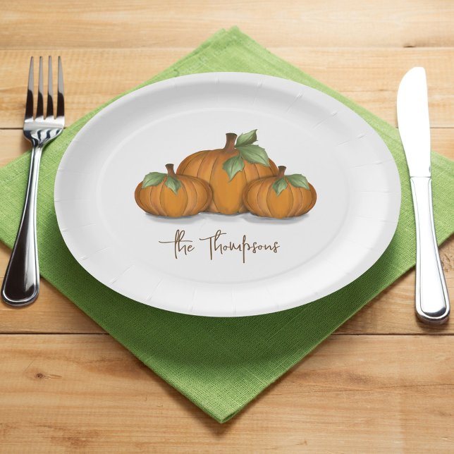 Thanksgiving Pumpkin Rustic Personalized Paper Plates (Simple Fall Autumn harvest pumpkins custom paper plates. )