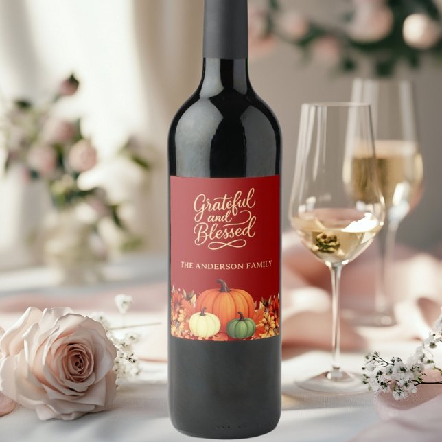 Thanksgiving pumpkin terracotta Grateful blessed Wine Label (Creator Uploaded)