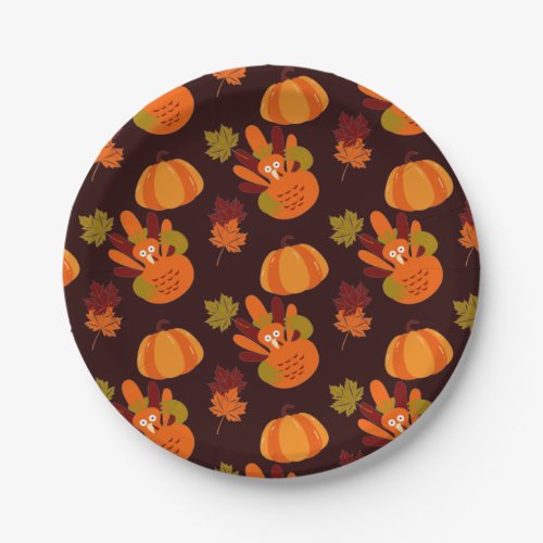 Thanksgiving Pumpkin Turkey Autumn Leaves Pattern Paper Plates