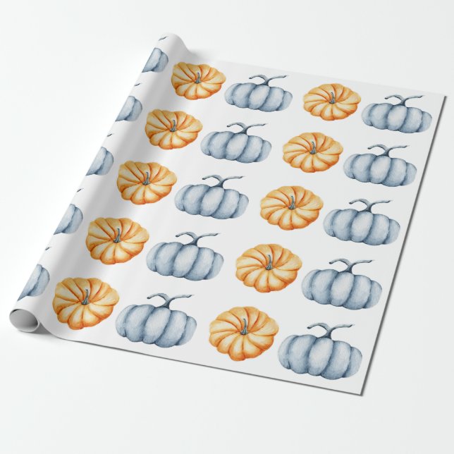 Thanksgiving pumpkin watercolor orange and blue wrapping paper (Unrolled)