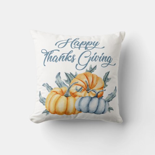 Thanksgiving pumpkin watercolor orange blue throw pillow