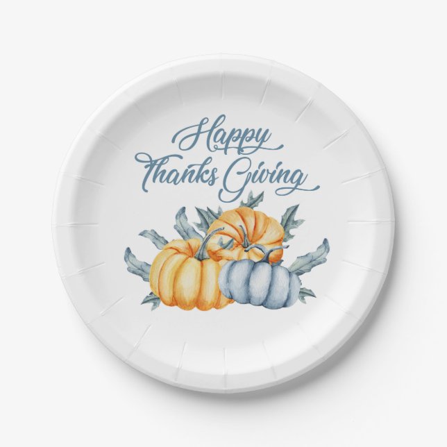 Thanksgiving pumpkin watercolor paper plates (Front)