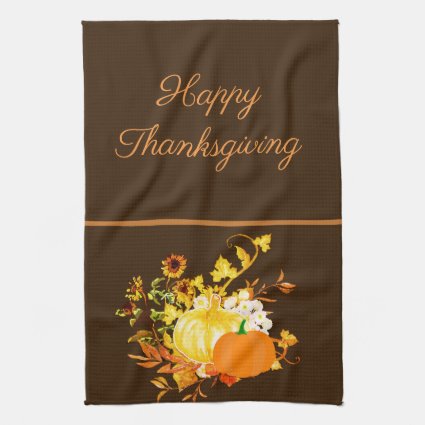 Thanksgiving Pumpkin with Autumn Leaves Holiday Kitchen Towel