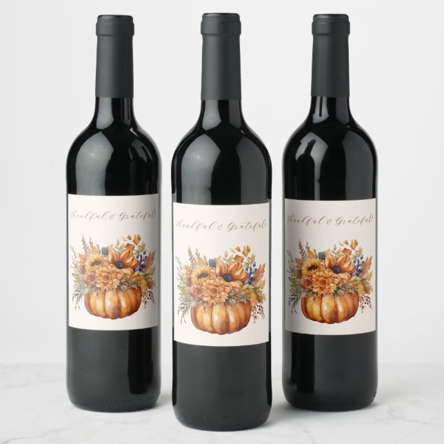 Thanksgiving-Pumpkin with Flowers- Wine Label (Bottles)