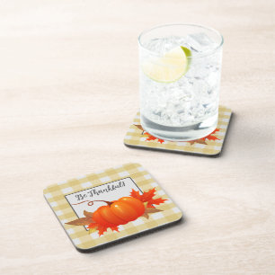 Thanksgiving Pumpkin Yellow Buffalo Plaid Beverage Coaster
