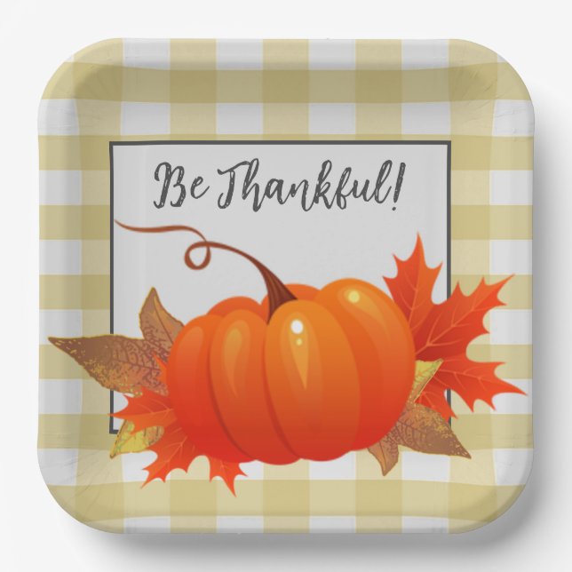 Thanksgiving Pumpkin Yellow Buffalo Plaid Paper Plates (Front)