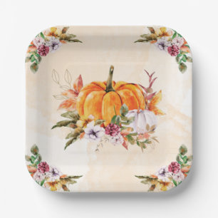 Thanksgiving Pumpkins And Flowers Paper Plates