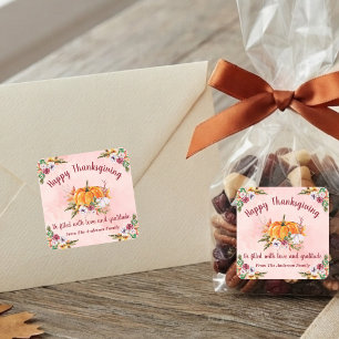 Thanksgiving Pumpkins And Flowers With Text 2 Square Sticker