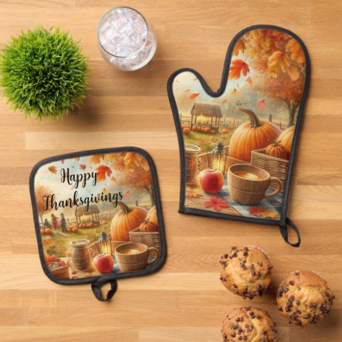 Thanksgiving Pumpkins Autumn Leaves  Oven Mitt  Pot Holder Set