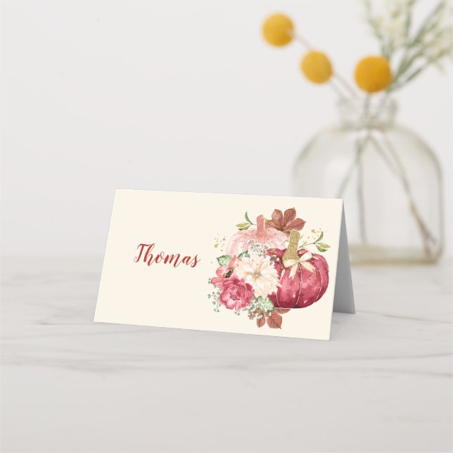 Thanksgiving Pumpkins Cranberry Ivory Gold Brown Place Card (Front)