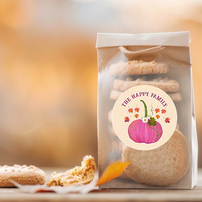 Thanksgiving pumpkins fall foliage personalize classic round sticker (Thanksgiving Fall Pumpkin Pink Packaging and Party Favor Bags. Easy to personalize)
