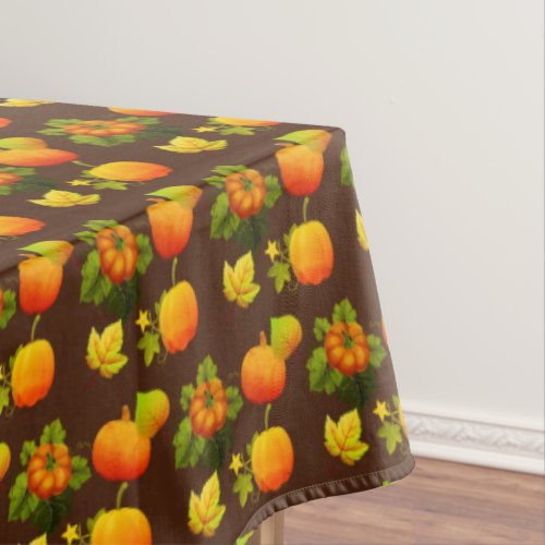 Thanksgiving Pumpkins  Fall Leaves on Brown Tablecloth