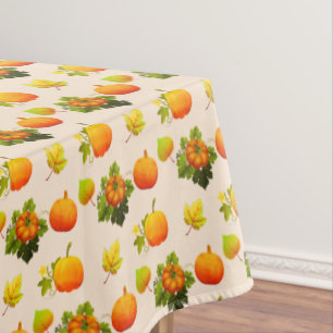 Thanksgiving Pumpkins & Fall Leaves on Light Beige Tablecloth