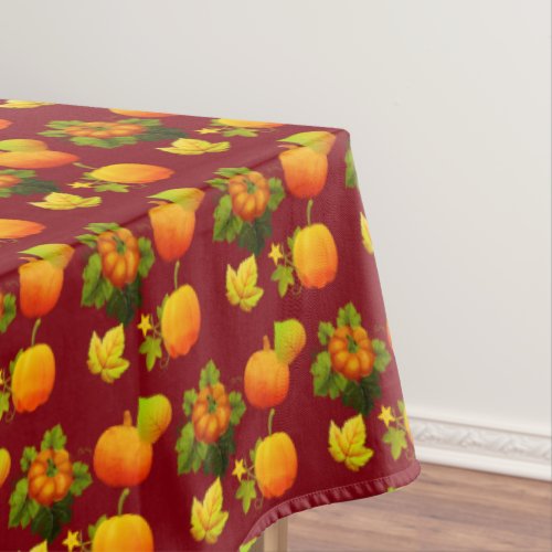 Thanksgiving Pumpkins  Fall Leaves on Maroon Tablecloth