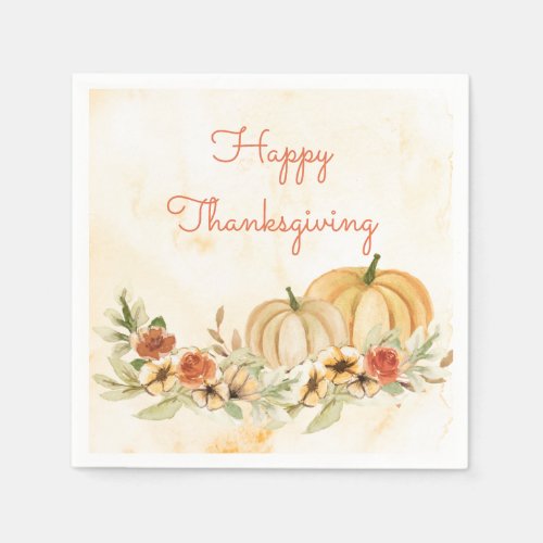 Thanksgiving Pumpkins Floral Watercolor Script  Napkins