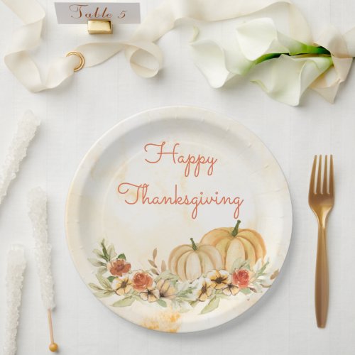 Thanksgiving Pumpkins Floral Watercolor Script Paper Plates