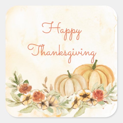 Thanksgiving Pumpkins Floral Watercolor Script Square Sticker