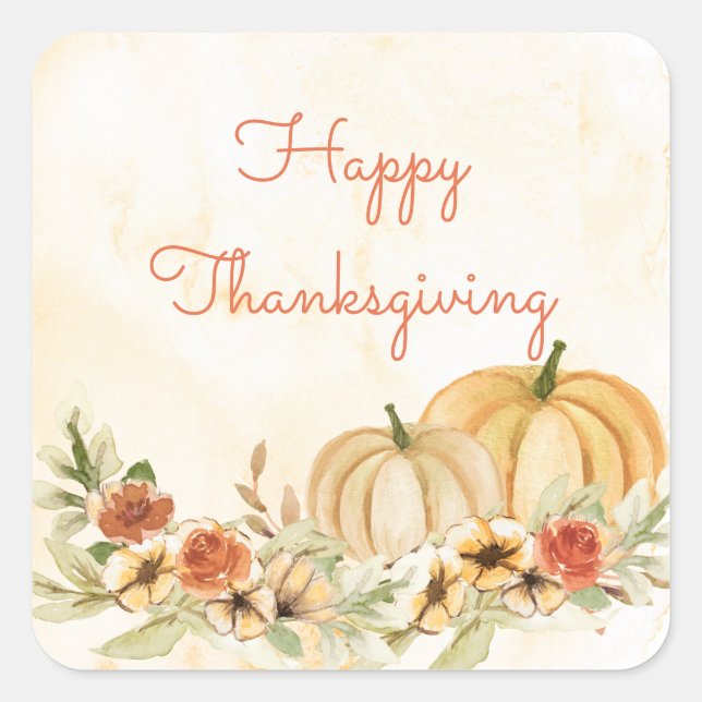 Thanksgiving Pumpkins Floral Watercolor Script Square Sticker (Front)