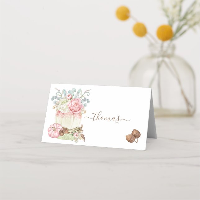 Thanksgiving Pumpkins Pink Ivory Sage Place Card (Front)