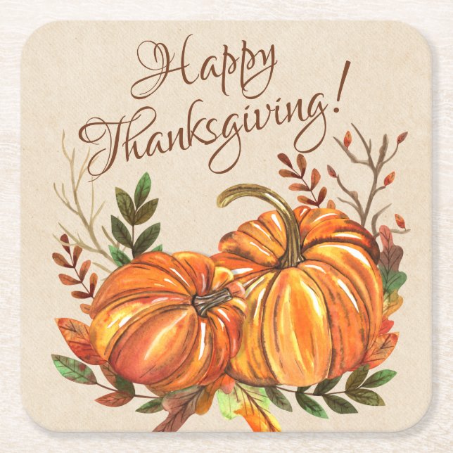 Thanksgiving Pumpkins Square Paper Coaster (Front)