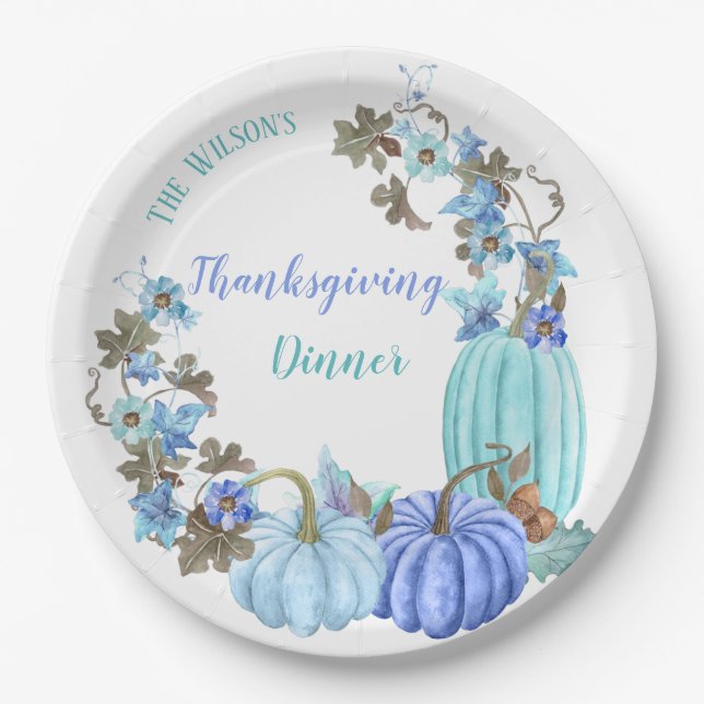 Thanksgiving Pumpkins Teal Turquoise Blue Paper Plates (Front)