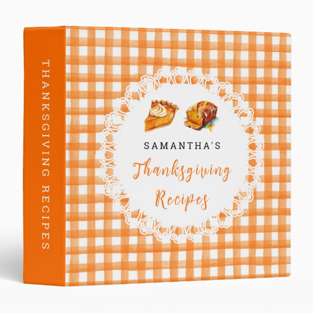 Thanksgiving Recipes Orange Gingham 3 Ring Binder (Front/Spine)